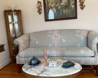 Clayton Marcus Sofa / Lighted Corner Oak Curio - Marble oval coffee/tea table