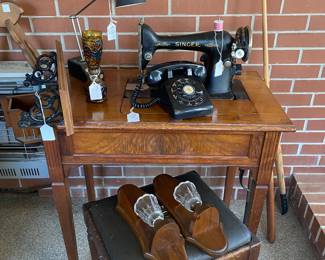 TREASURES!!!! SINGER vintage sewing machine and rotary telephone and more