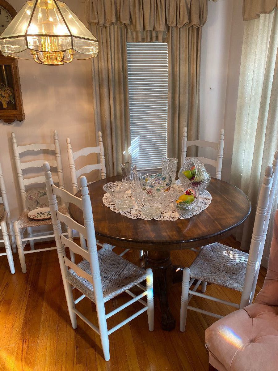 6 -Ladder back chairs and solid wood dining table with leaf -sits 4 or 6