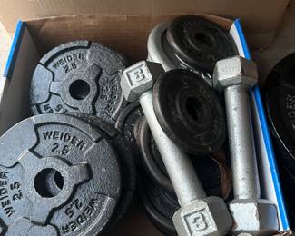 Weights discs barbells various sizes. Weight bar for discs available but not shown. 