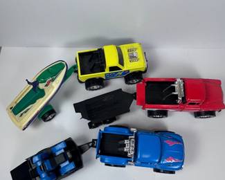 TootsieToy Truck Lot Flying Fish Monster Pickup + Blue Truck w/ ATV Trailer + Red Truck & Trailer