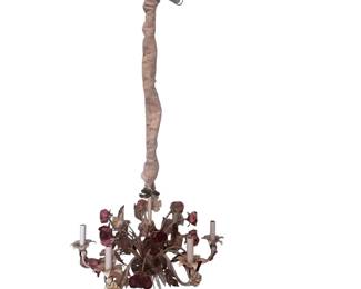 Vintage Tole Floral 6-Light Chandelier – Painted Metal Roses & Leaves – 24” French Country