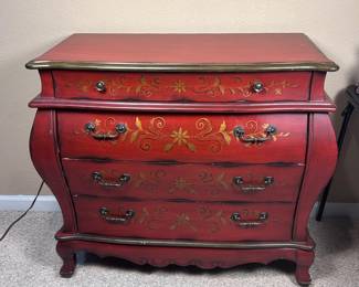 Bombe Style Dresser with Red and Gold Floral Design