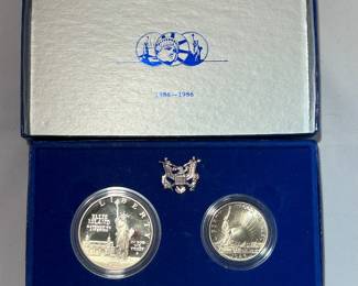 1986-S Statue of Liberty Proof Silver Dollar & Half Dollar Set w/ Box COA 90% Silver 0.7734 ozt
