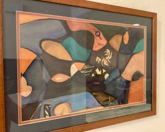 Artwork featuring fragmented, overlapping, geometric shapes, and shades of blue, green, orange, brown, and tan