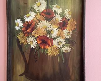 Vintage framed oil painting on canvas featuring a steel life in a vase.