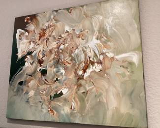 Abstract, painting, distinctive style of gestural, abstraction with pallet of warm, earthy and neutral tones, creating a sense of fluid movement in organic form.