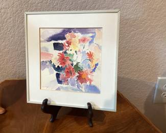 Vintage watercolor, painting on paper depicting a floral steel life in a vase