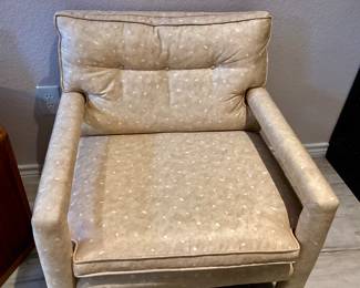 Vintage Milo Baughman Style Upholstered Parson Chair with Ottoman. ( A Pair)