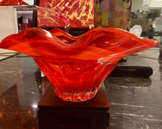 MCM Viking art glass footed bowl Amberina orange color. 