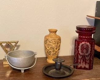 ANTIQUE BOHEMIAN EGERMANN RED CUT TO CLEAR DECANTER, OLD METAL CANDLE HOLDER, CHINESE STYLE CARVED VASE