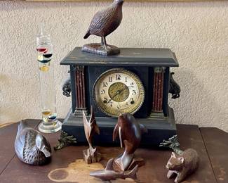 ANTIQUE MANTLE CLOCK, CARVED ANIMALS