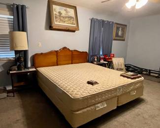 KING SIZE WOOD HEADBOARD, KING SIZE MATTRESS, LAMPS, NIGHTSTAND