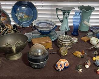 BRASS DEER HEAD BOWL, NAUTICAL COMPASS, POTTERY