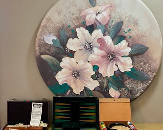 ROUND FLORAL PAINTING, GAMES AND POKER CARDS