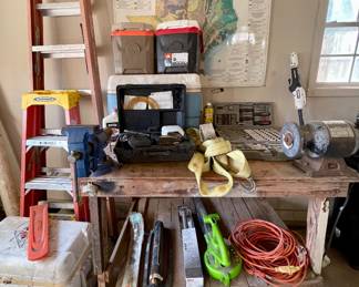 SHOP TABLE, VISE, LADDERS