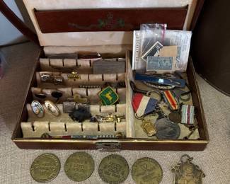 VINTAGE CUFF LINKS, RED DOOR SALOON TOKEN, SWEDE’S SALOON TOKEN, POKE OF GOLD SALOON TOKEN. VINTAGE MEDALS