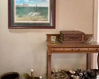 AMERICAN EMPIRE STYLE BUFFET TABLE, BRASS PLANTERS