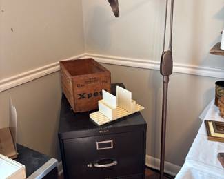 FILE CABINET, MAGNIFYING LIGHT, OLD BOX