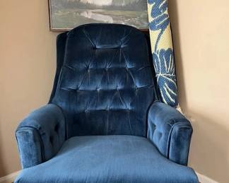 Blue Velvet Tufted Rocker with Framed Landscape Art Patterned Patio Rug