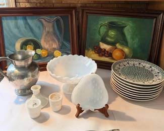 Milkglass, Reed Barton Pewter Pitcher, Made in Polan plates,  2 Paintings
