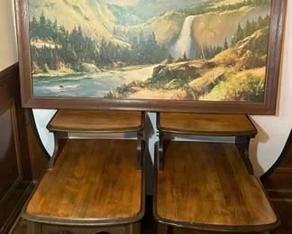 Pair of Vintage Wood End Tables with Large Framed Mountain Landscape Artwork