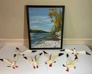 MCM Cast Aluminum Seagull Wall Sculptures Set of 6 with Framed Coastal Landscape Painting
