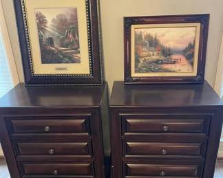 Pair of Dark Wood Nightstands with Framed Thomas Kinkade Prints