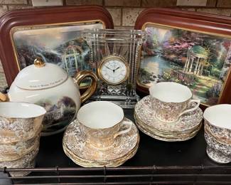 Waterford Crystal Clock, Thomas Kinkade Trays Fine Bone China Tea Set