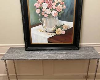 Marble Top Console Table with Framed Floral Oil Painting Elegant Entryway Accent Set