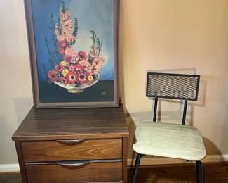 MidCentury Accent Table, Chair  Framed Floral Artwork