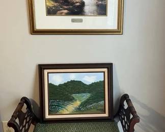 Wood Accent Bench with Upholstered Seat, Framed Landscape Painting Thomas Kinkade Print