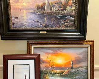 Coastal Lighthouse Wall Art Collection Framed Prints  Painting 3Piece Lot featuring Kinkade