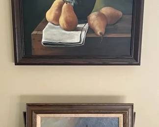 Pair of Framed Still Life Paintings Pears  Floral Art  Traditional Home Decor