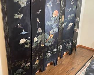 Carved soap stone and marble details. Vintage Asian folding screen 