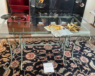 60” beveled glass top dining table, wool Persian rug is 5x7