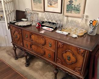 Jacobean walnut sideboard, 3 Japanese woodblocks