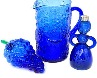 Lot of Blue Cobalt Items - Pitcher, Pepper Shaker, Glass Grapes