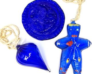 Cobalt Glass Ornament Lot - VooDoo Doll, Moon, Swirl Glass