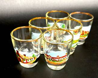 Set of 8 Vintage Gold Rimmed Scottish Souvenir Shot Glasses