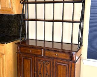 Wrought Iron Bakers Rack with Cherry Finish Cabinet
