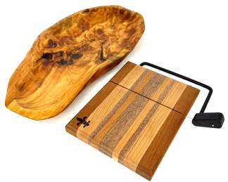 Fleur De Lis Cheese Cutter Board and Wooden Hand Carved Bowl