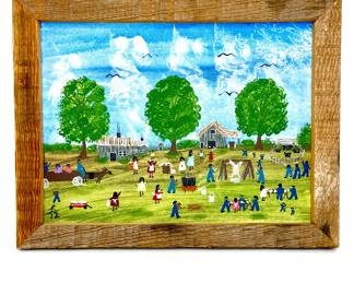 Small Folk Art Original Painting in Cypress Wood Frame by Lattie