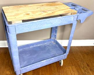 Blue Two Shelf Rolling Utility Cart with Built in Wooden Platform