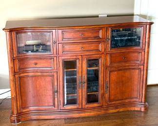 Cherry Finish Media Credenza with Beveled Glass Panels