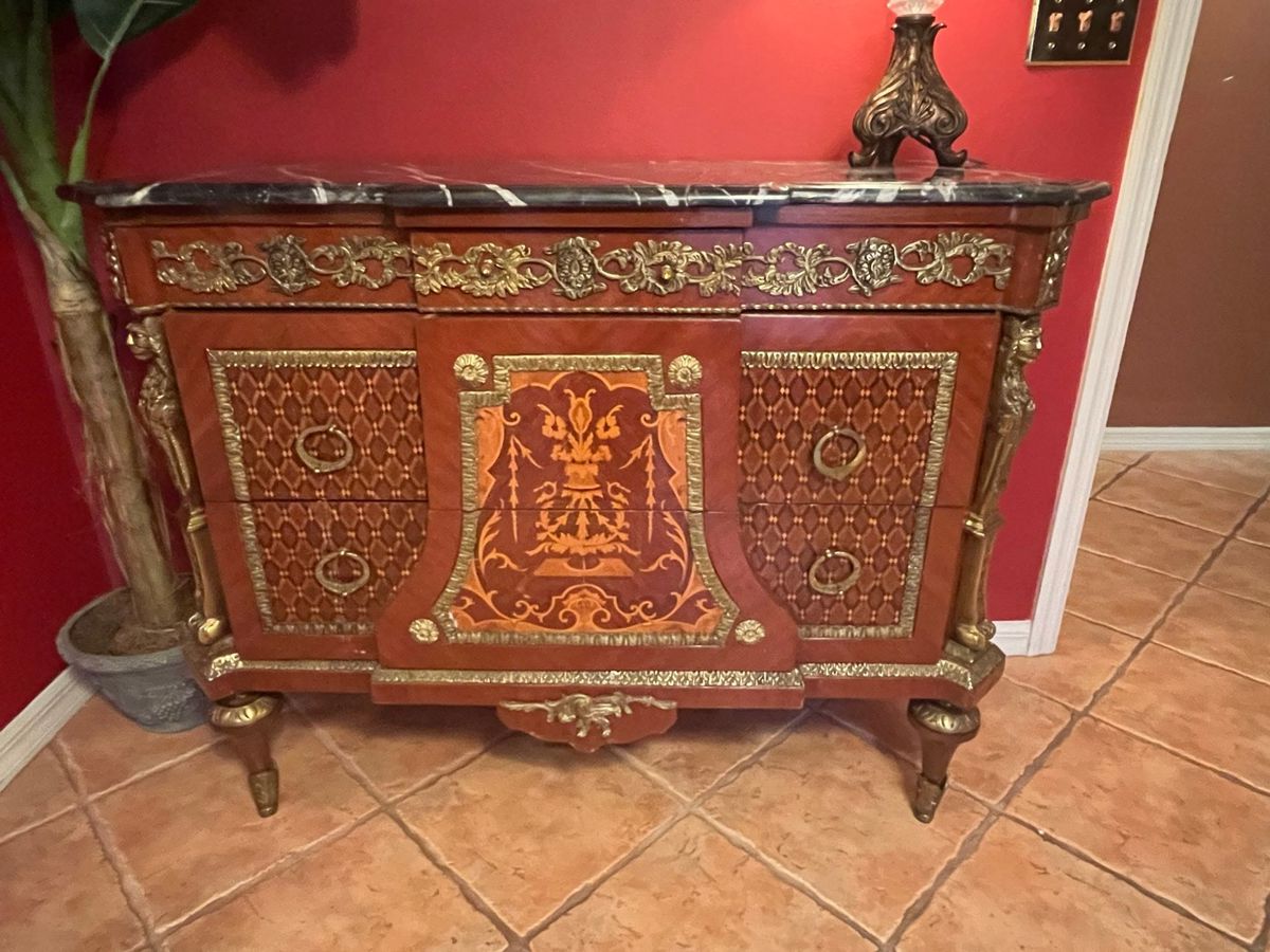 Louis XVI Style Ormolu-Mounted Marquetry Commode with Marble Top