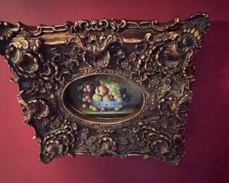 Ornate Gilt Bronze Frame with Fruit Still Life Miniature Painting by M. Aaron