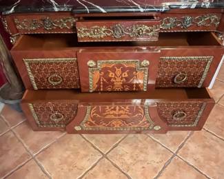 Louis XVI Style Ormolu-Mounted Marquetry Commode with Marble Top