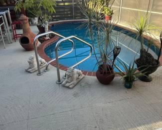 Terracotta Chiminea and Pair of Lion Statues