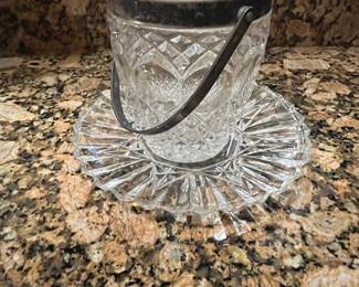 Crystal Ice Bucket with Silver-Plated Rim and Handle and Saucer
